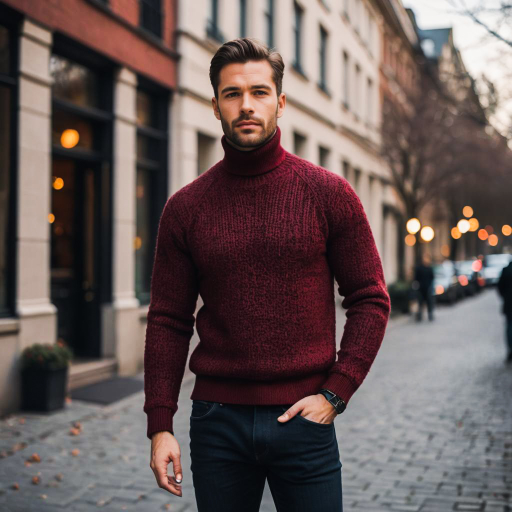 Stylish Man in Burgundy Sweater on City Street