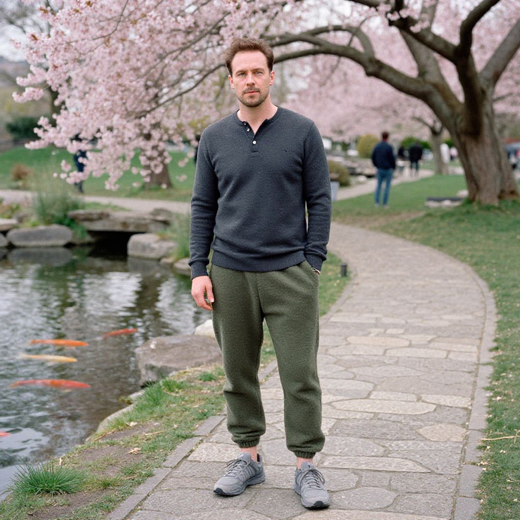 Man Standing on Stone Pathway by Koi Pond Amid Cherry Blossoms