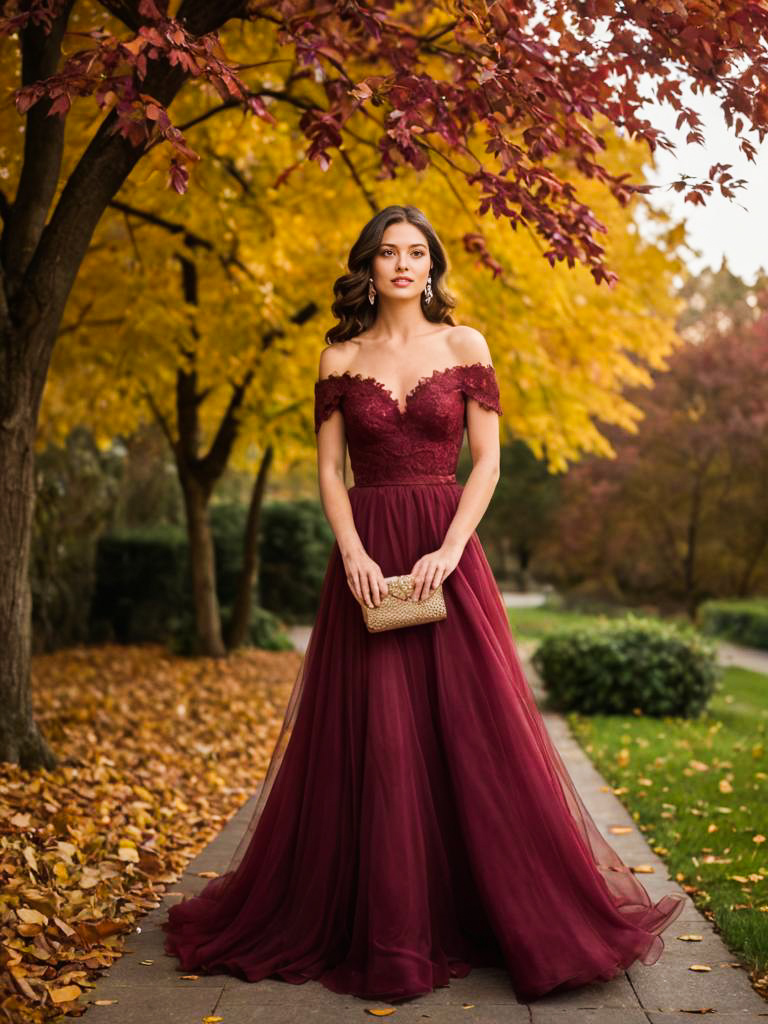 Woman in Burgundy Gown Amidst Autumn Foliage