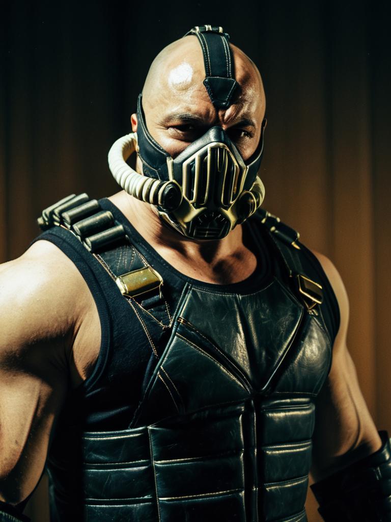 Realistic Bane Cosplay Man Wearing Tactical Mask and Armor