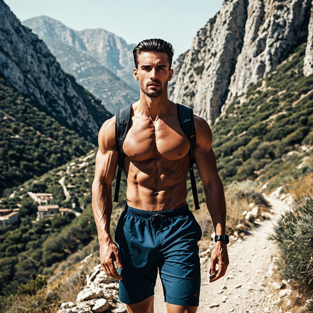 Shirtless Hiker on Rocky Mountain Trail Shirtless Hiker on Rocky Mountain Trail