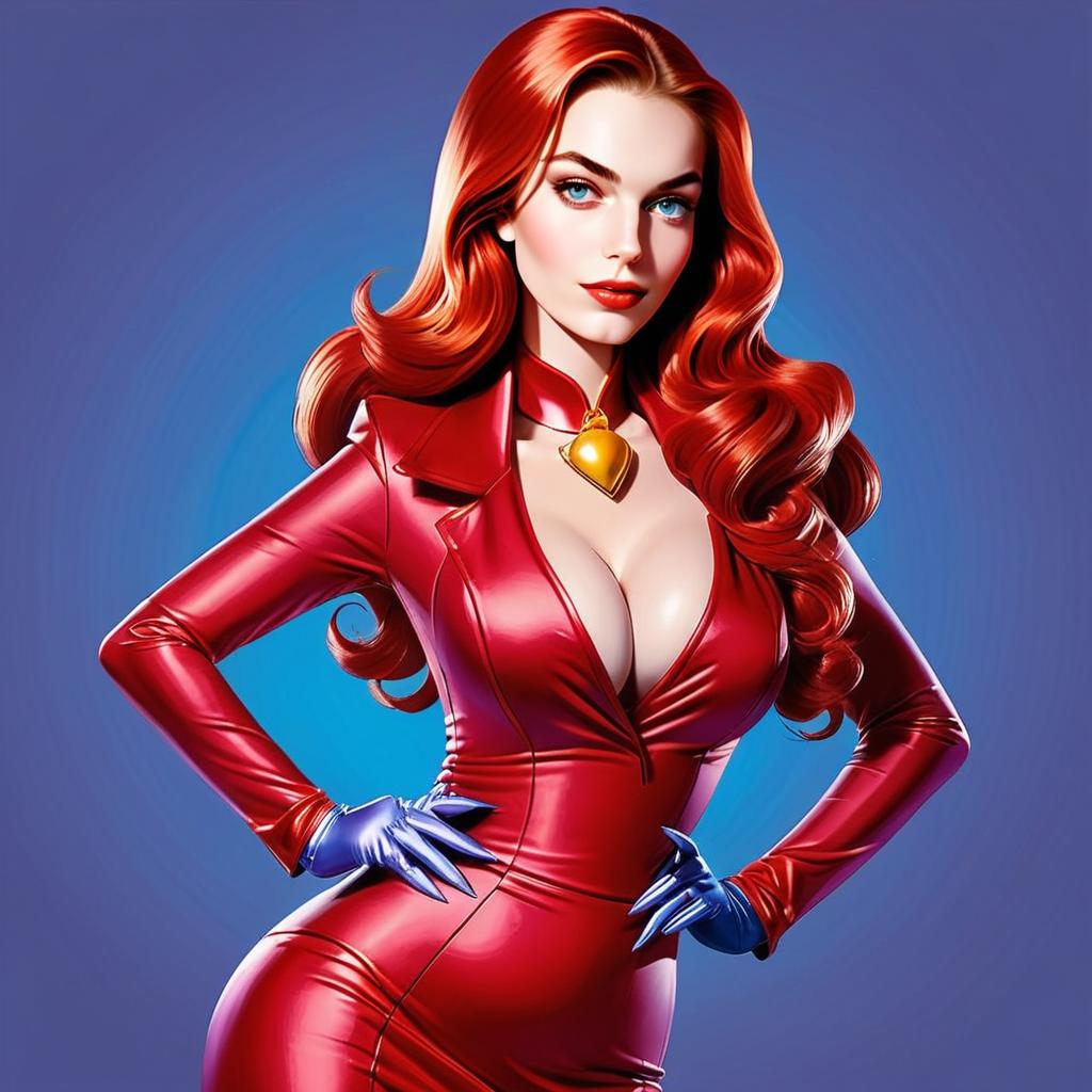 Confident Woman in Glossy Red Leather Outfit with Red Hair Digital Illustration