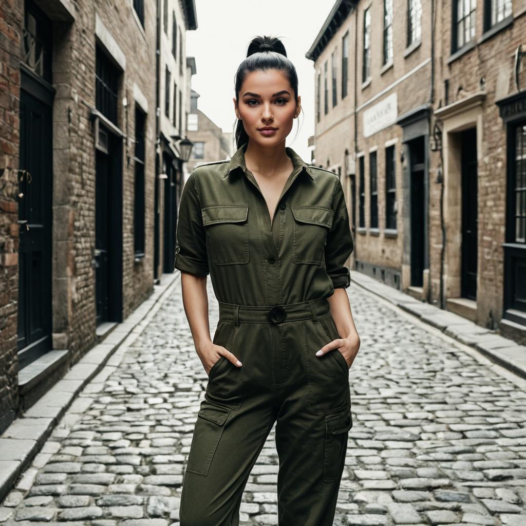 Confident Woman in Olive Green Utility Jumpsuit on Cobblestone Street