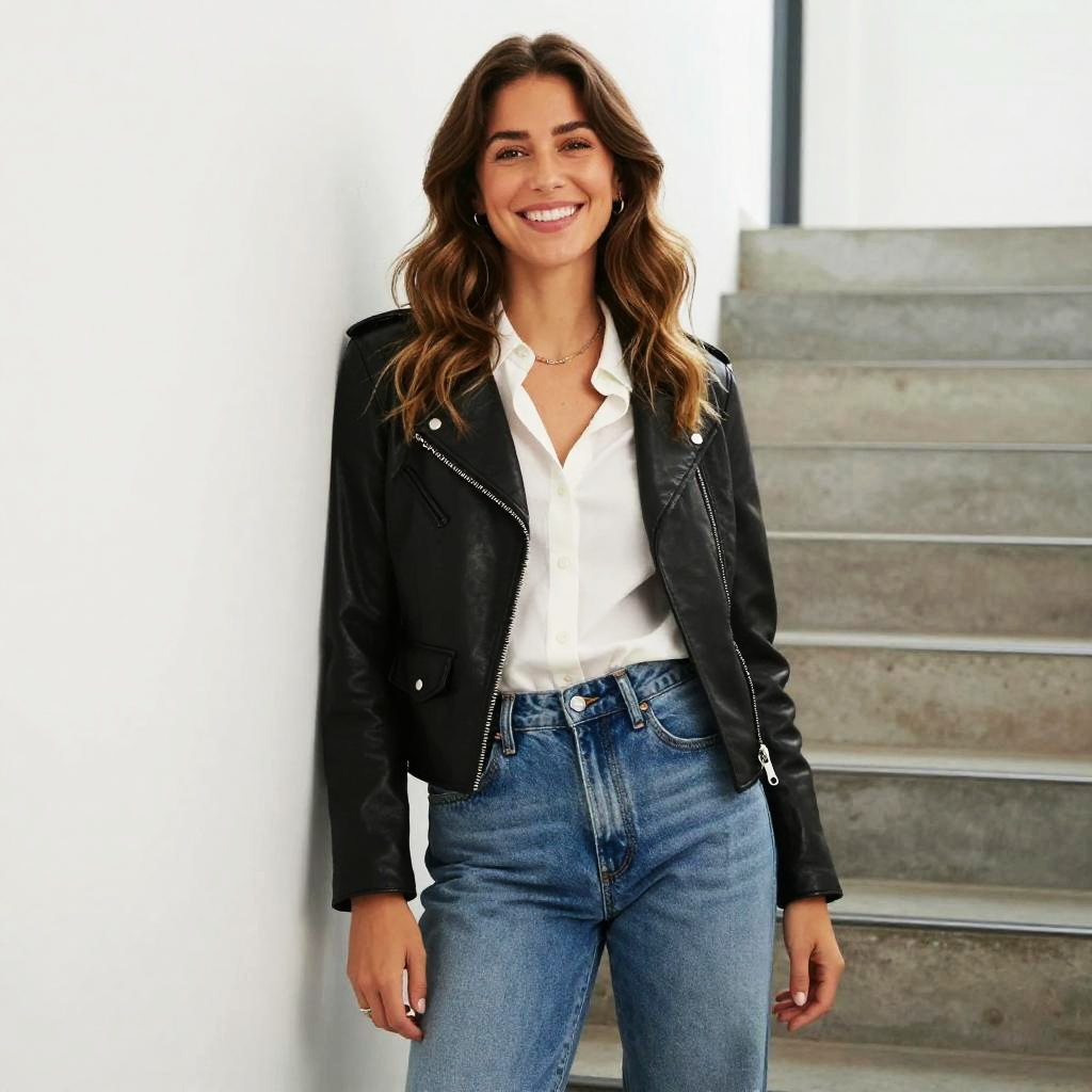 Confident Young Woman in Black Leather Jacket and Blue Jeans