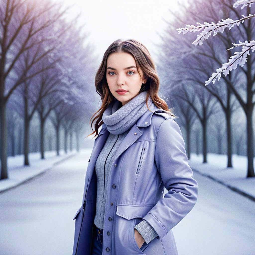 Woman in Lavender Coat in Snowy Landscape