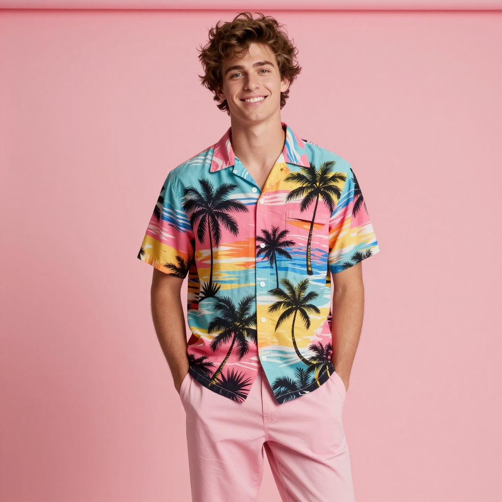 Smiling Young Man in Colorful Hawaiian Shirt and Pink Pants Against Pink Background