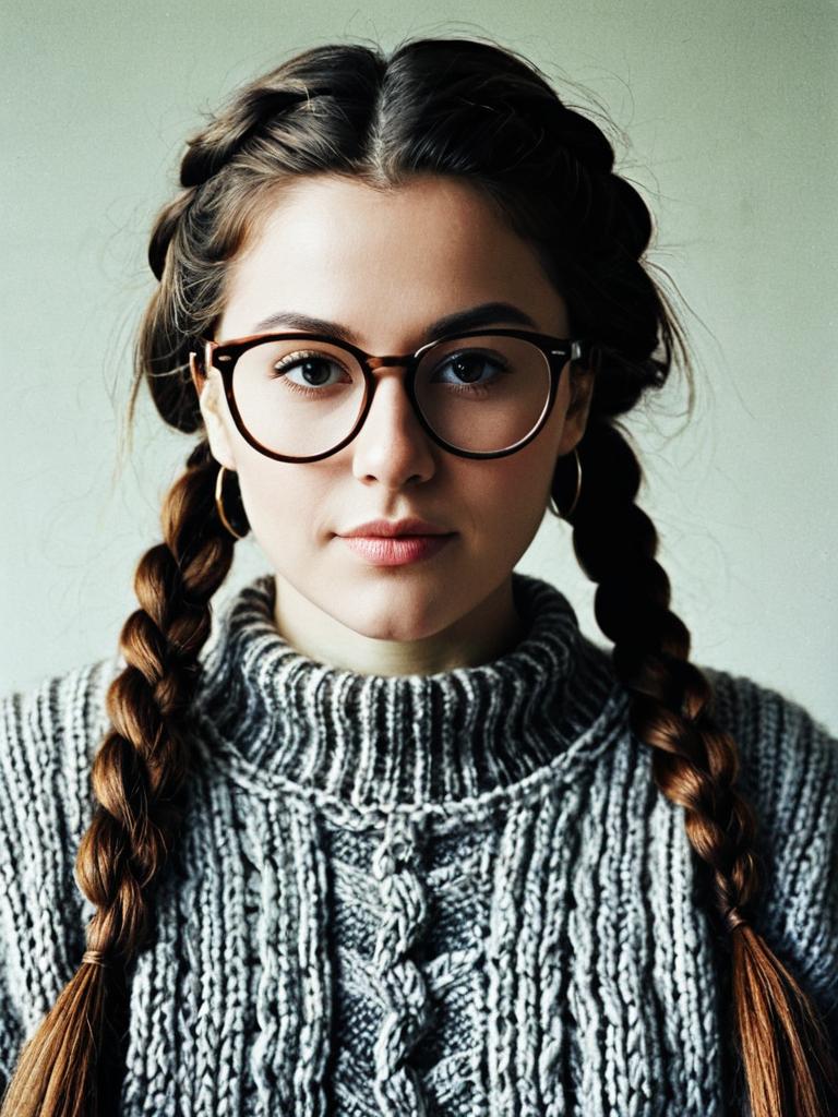 Young Woman with Braided Hair and Glasses in Grey Knitted Sweater