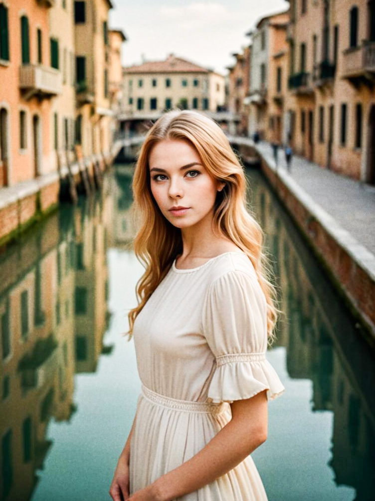 Young Woman by Serene Canal in Venetian Style