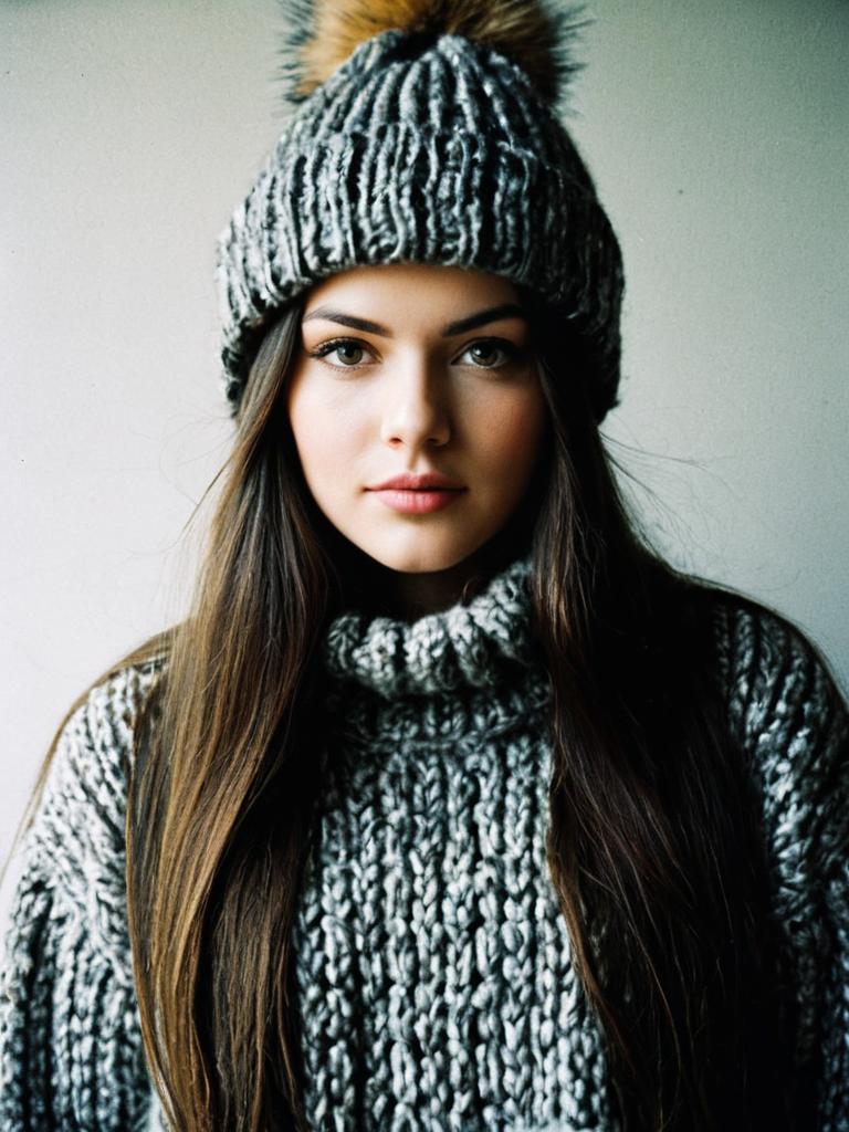 Young Woman in Grey Knitted Sweater and Beanie Hat Winter Portrait