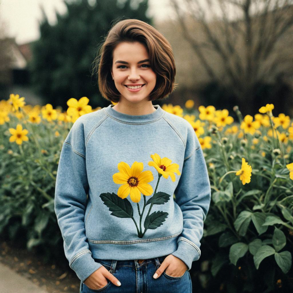 Young woman in blue sweatshirt among yellow flowers