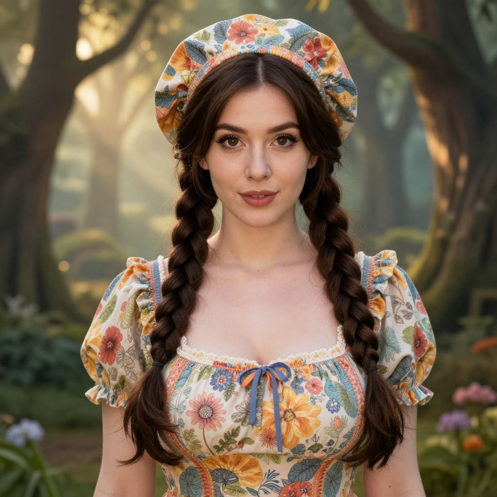 Young Woman in Floral Prairie Dress with Braided Hair in Forest