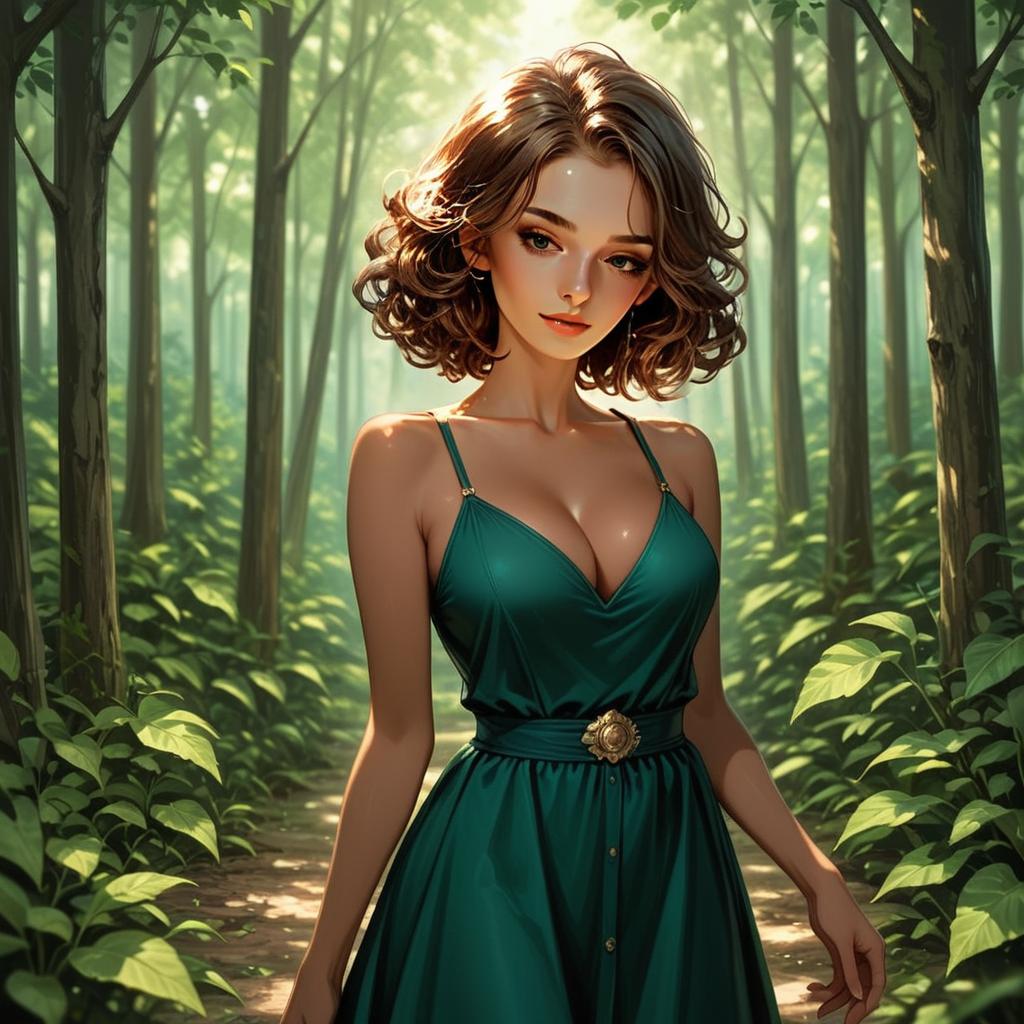 Digital Illustration of Woman in Green Dress in Forest Path with Soft Lighting