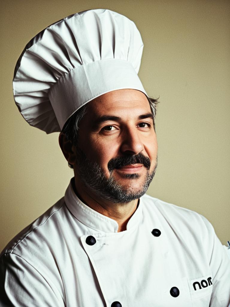 Photorealistic Portrait of Man in Chef Costume with Humorous Expression