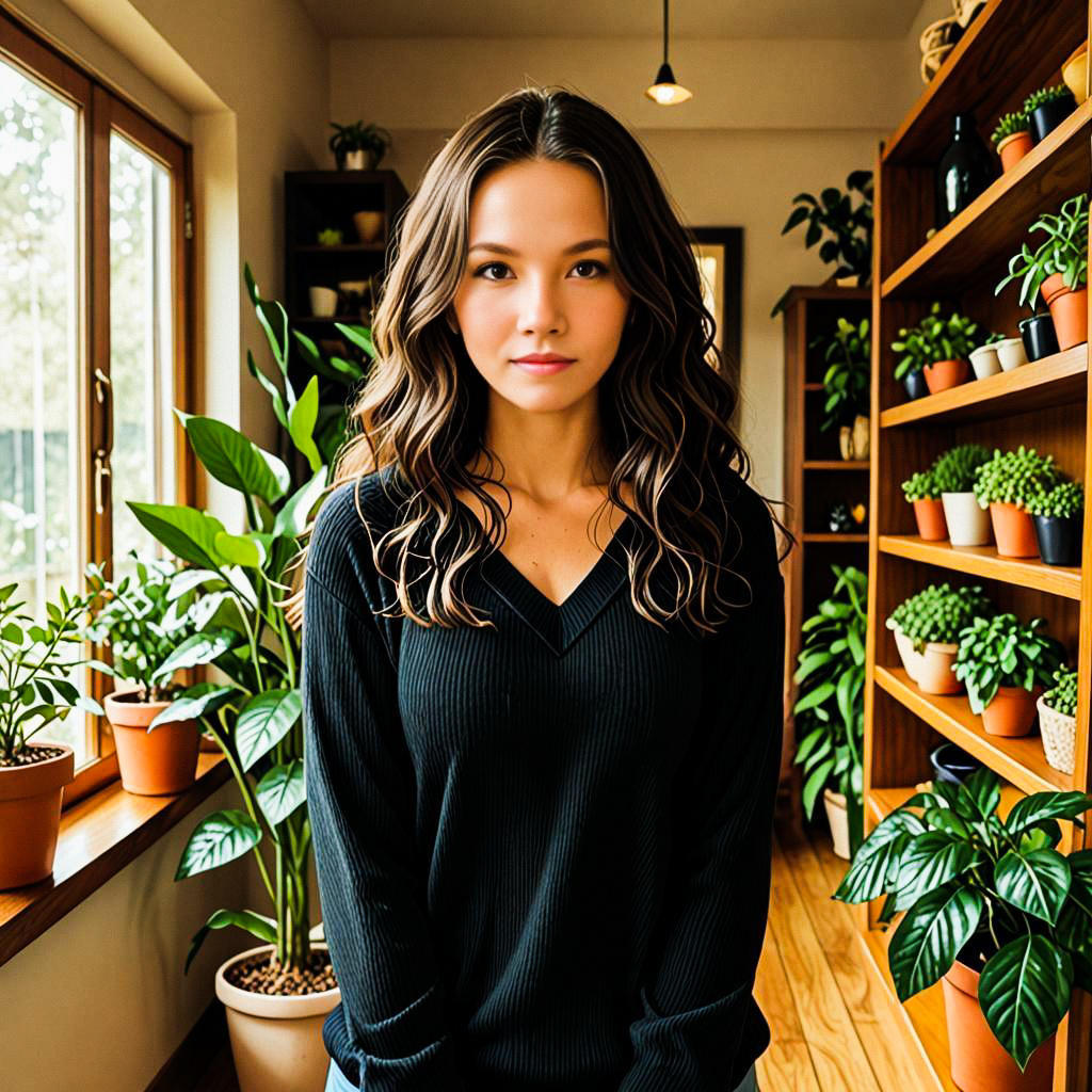 Young Woman Surrounded by Potted Plants Young Woman Surrounded by Potted Plants