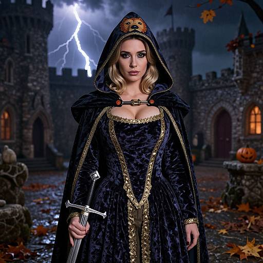 Medieval Woman in Velvet Gown with Sword at Stormy Castle