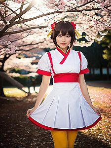 Realistic Sakura Kasugano Cosplay Woman with Cherry Blossoms