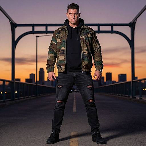Confident Man Standing on Bridge at Sunset in Camouflage Jacket