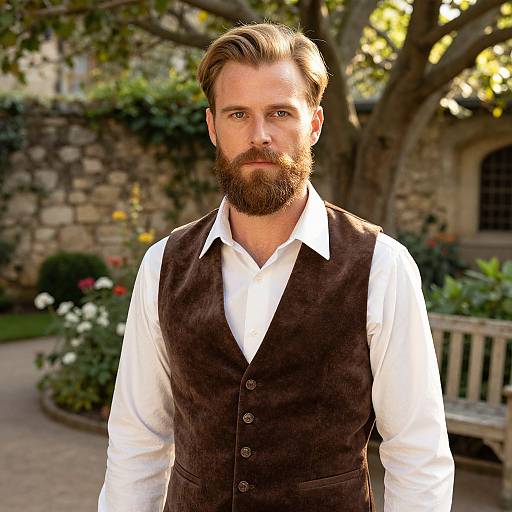 Bearded Man in Brown Vest Outdoors in Garden Setting