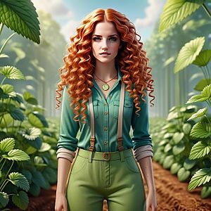 Confident Young Woman in Garden with Curly Red Hair