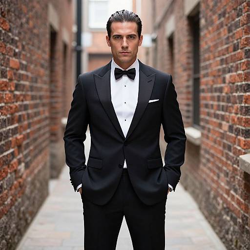 Man in Classic Black Tuxedo Bow Tie in Brick Alley