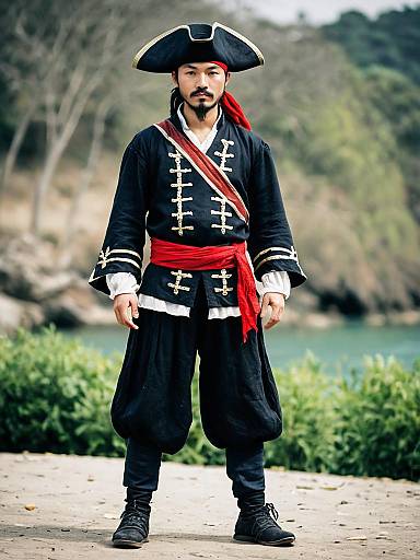Chinese Pirate Costume Man Outdoors in Traditional Attire