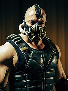 Realistic Bane Cosplay Man Wearing Tactical Mask and Armor