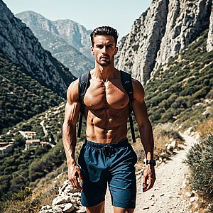 Shirtless Hiker on Rocky Mountain Trail