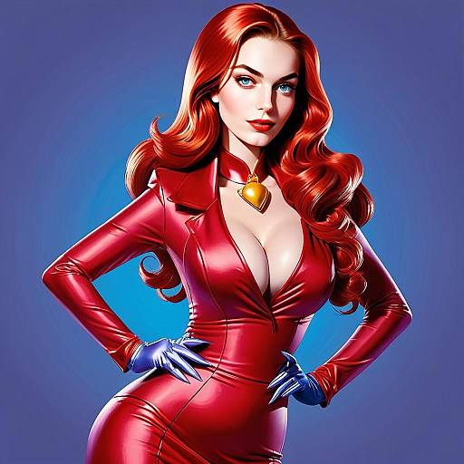Confident Woman in Glossy Red Leather Outfit with Red Hair Digital Illustration