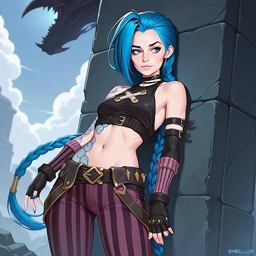 Arcane Jinx Character Digital Art with Blue Hair in Fantasy Cyberpunk Style