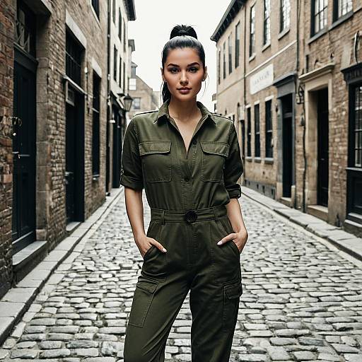 Confident Woman in Olive Green Utility Jumpsuit on Cobblestone Street