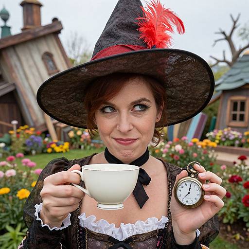 Whimsical Witch with Tea Cup and Pocket Watch in Garden