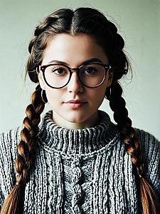 Young Woman with Braided Hair and Glasses in Grey Knitted Sweater