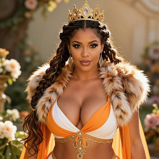 Regal Woman in Orange Gown with Crown and Fur Cape