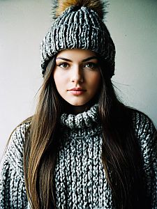 Young Woman in Grey Knitted Sweater and Beanie Hat Winter Portrait