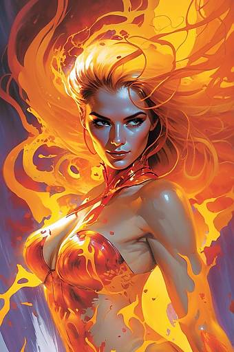 Fiery Woman Surrounded by Dynamic Flames Digital Artwork
