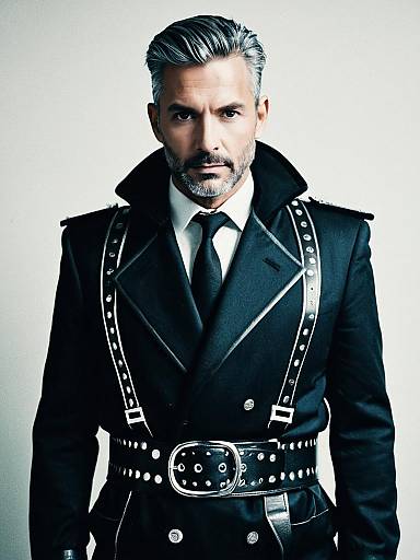 Man in Modern Fashion Costume with Studded Leather Harness Waist-Up Editorial Portrait