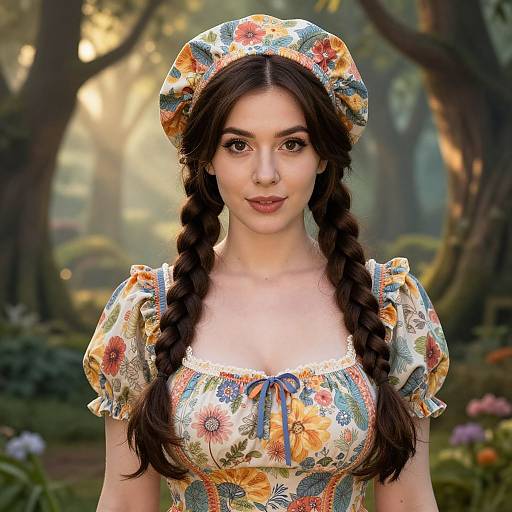 Young Woman in Floral Prairie Dress with Braided Hair in Forest