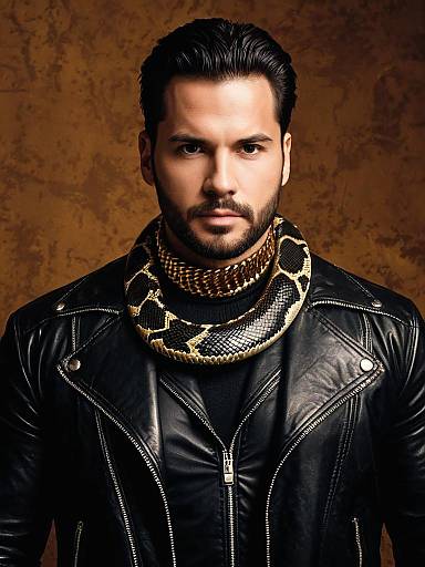 Man in Black Leather Jacket with Large Python Snake Around Neck