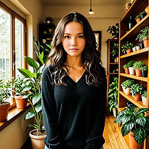 Young Woman Surrounded by Potted Plants