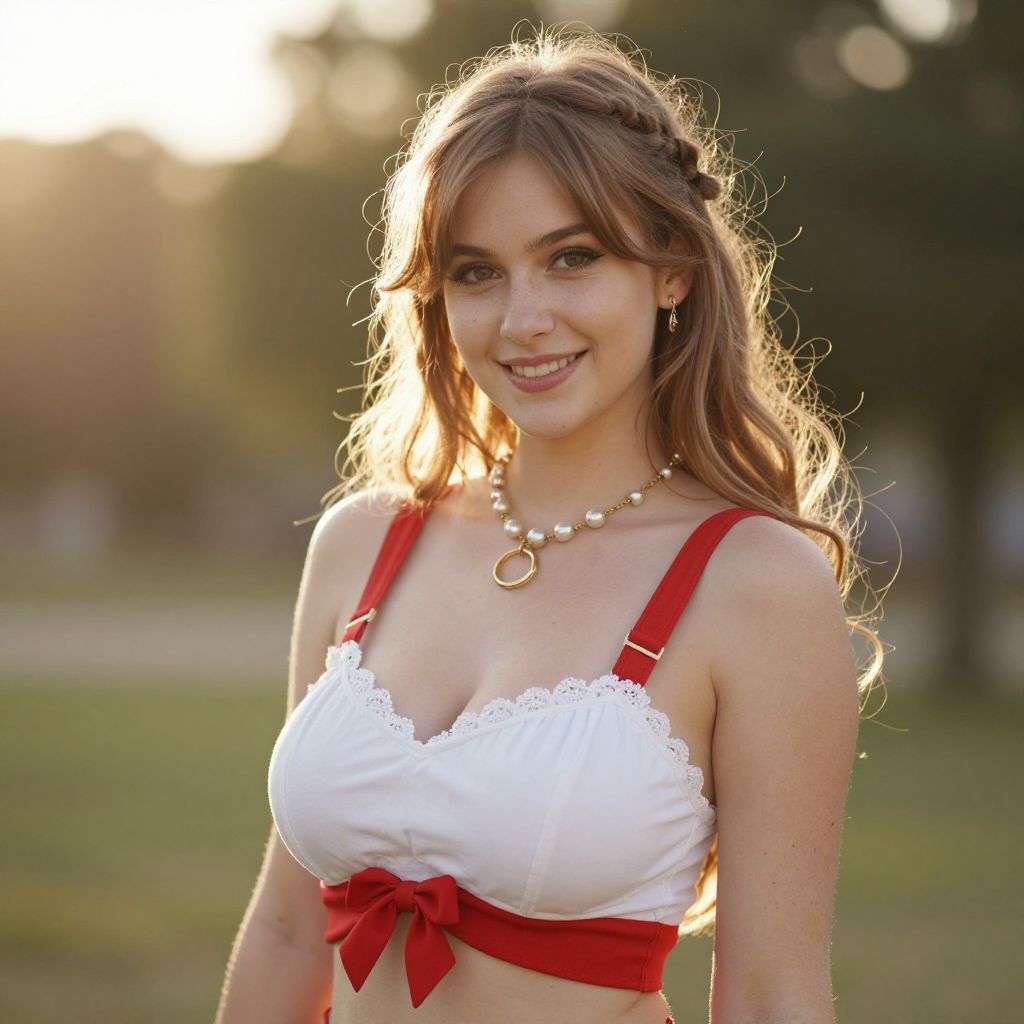 Portrait of Smiling Woman in White and Red Top with Pearl Necklace Outdoors