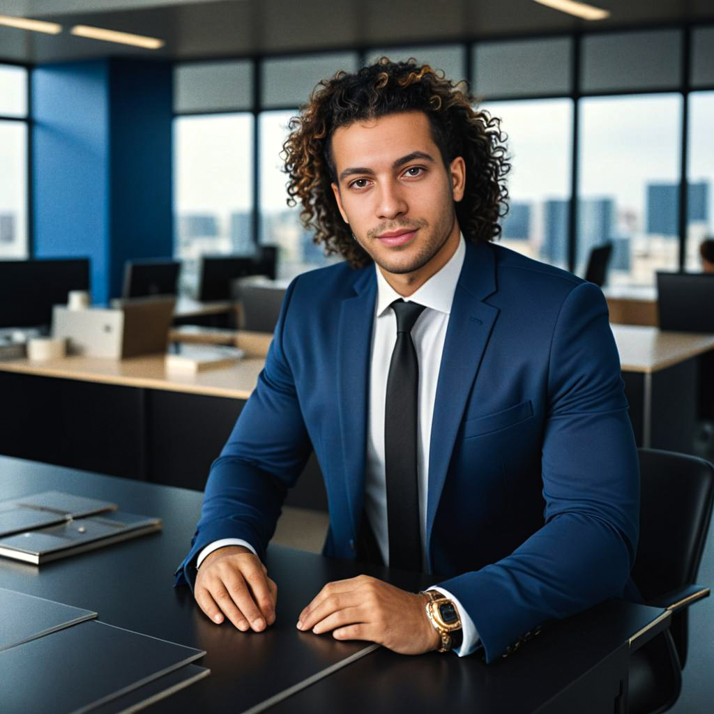 Stylish Young Man in Navy Suit at Modern Office