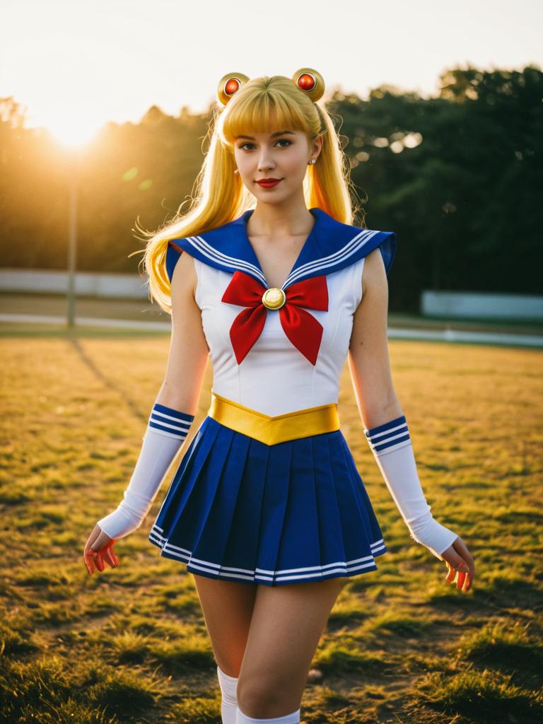 Woman in Sailor Moon Costume Outdoor Cosplay Photo in Golden Hour Light