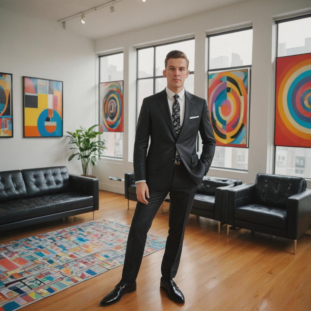 Confident Man in Black Suit in Modern Room