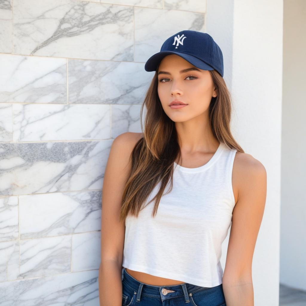 Young Woman in Navy Baseball Cap and White Crop Top Against Marble Wall