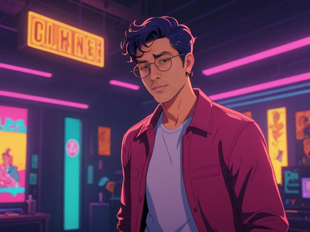 Stylish Male Character in Neon Cityscape