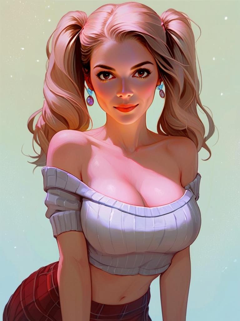 Confident Woman with Blonde Ponytails in Crop Top and Plaid Skirt