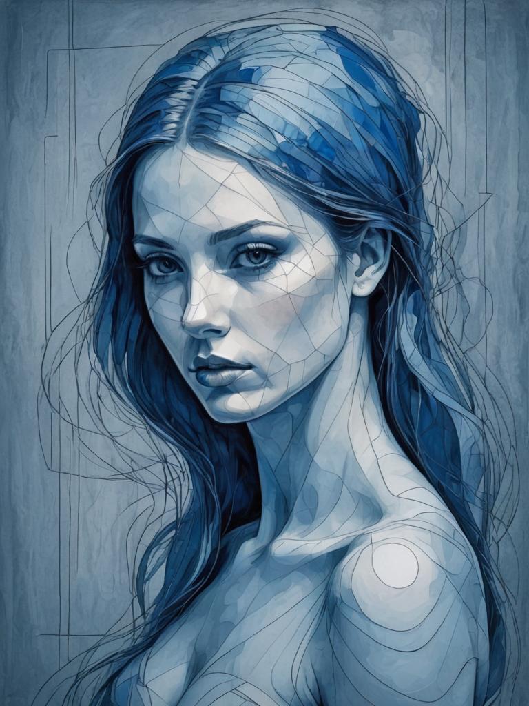 Monochromatic Blue Woman with Striking Features