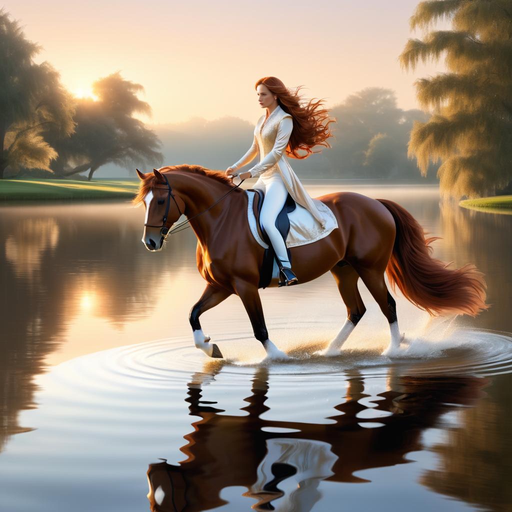 Woman Riding Chestnut Horse in Tranquil River at Sunrise