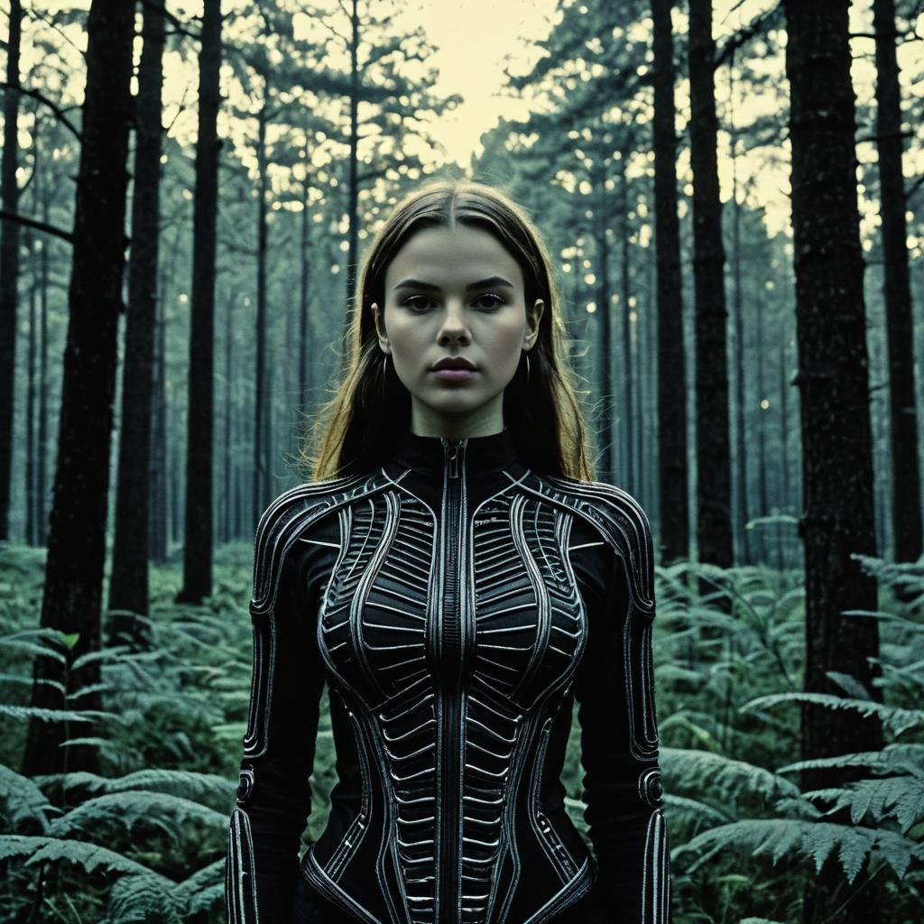 Futuristic Woman in Cyberpunk Style Bodysuit Standing in Forest