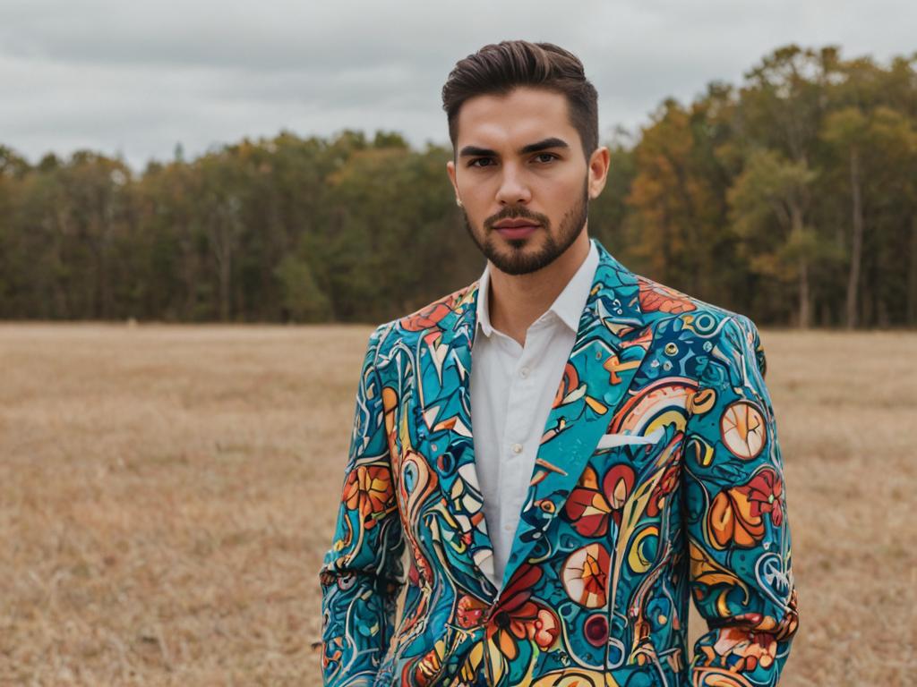 Confident Man in Artistic Blazer in Open Field